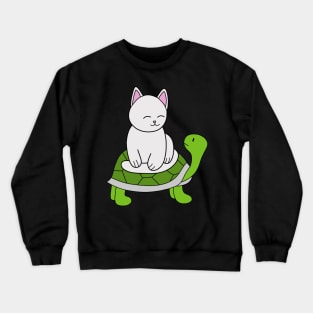 Kitty Cat Sits on Green Turtle Crewneck Sweatshirt